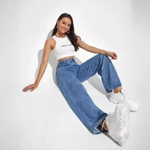 Fashion retro blue jeans women y2k High street baggy straight pants High waisted all-in-one slim pants